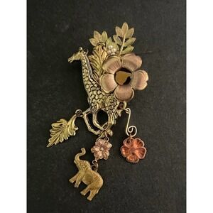Vintage 3-tone Brass Copper Tri Color 3” Giraffe Elephant Brooch Pin